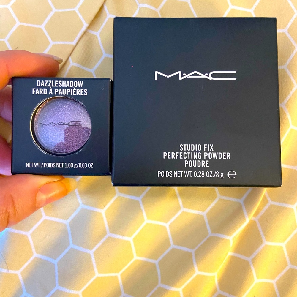 Mac finishing powder, and shimmering eye shadow